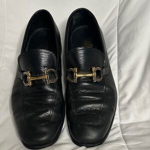 Salvatore Ferragamo Black Leather Loafers with Gold Buckle
